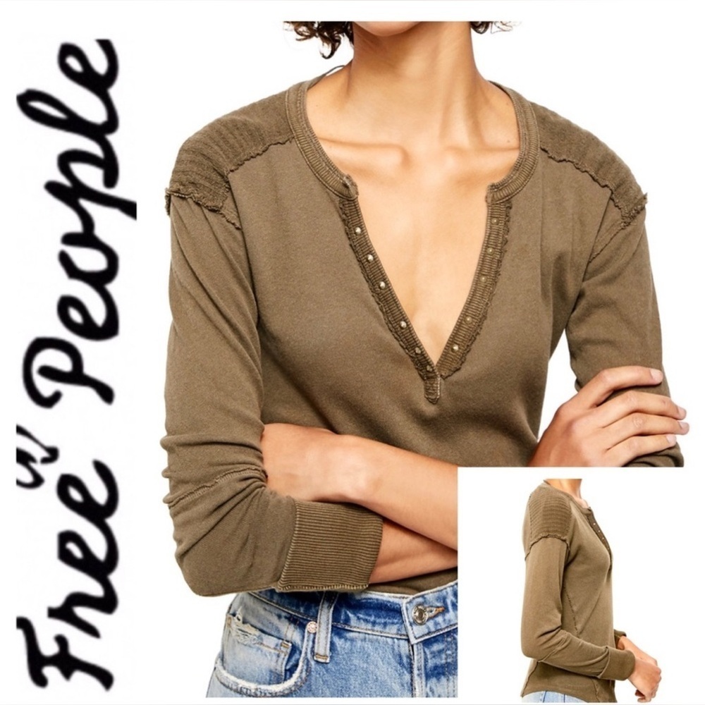 FREE PEOPLE Military Mix Henley Long Sleeve Sz L